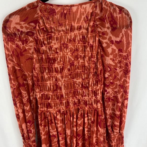 Free People Tunic Top Blouse Top Size Small Orange Print V-Neck Long Sleeves - Picture 7 of 7